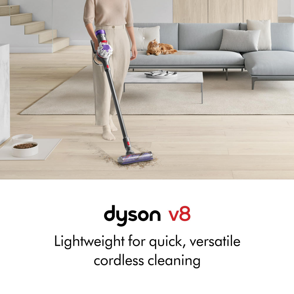 Dyson V8 Motorbar cleaner head close-up demonstrating de-tangling action for hair