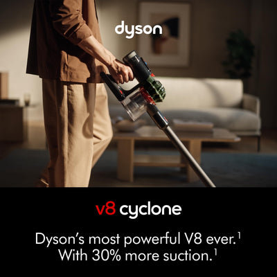 Dyson V8 motorbar close-up highlighting brush action for deeper carpet cleaning