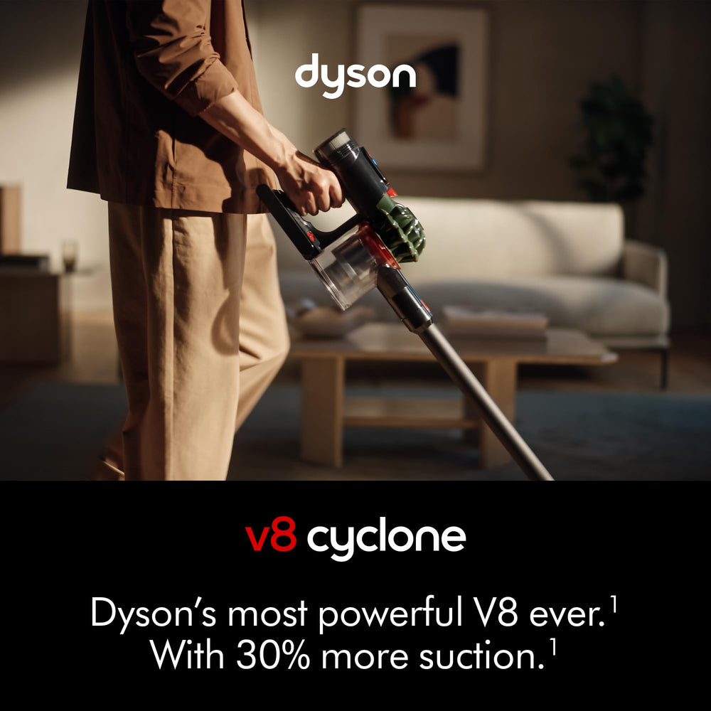 Dyson V8 motorbar close-up highlighting brush action for deeper carpet cleaning