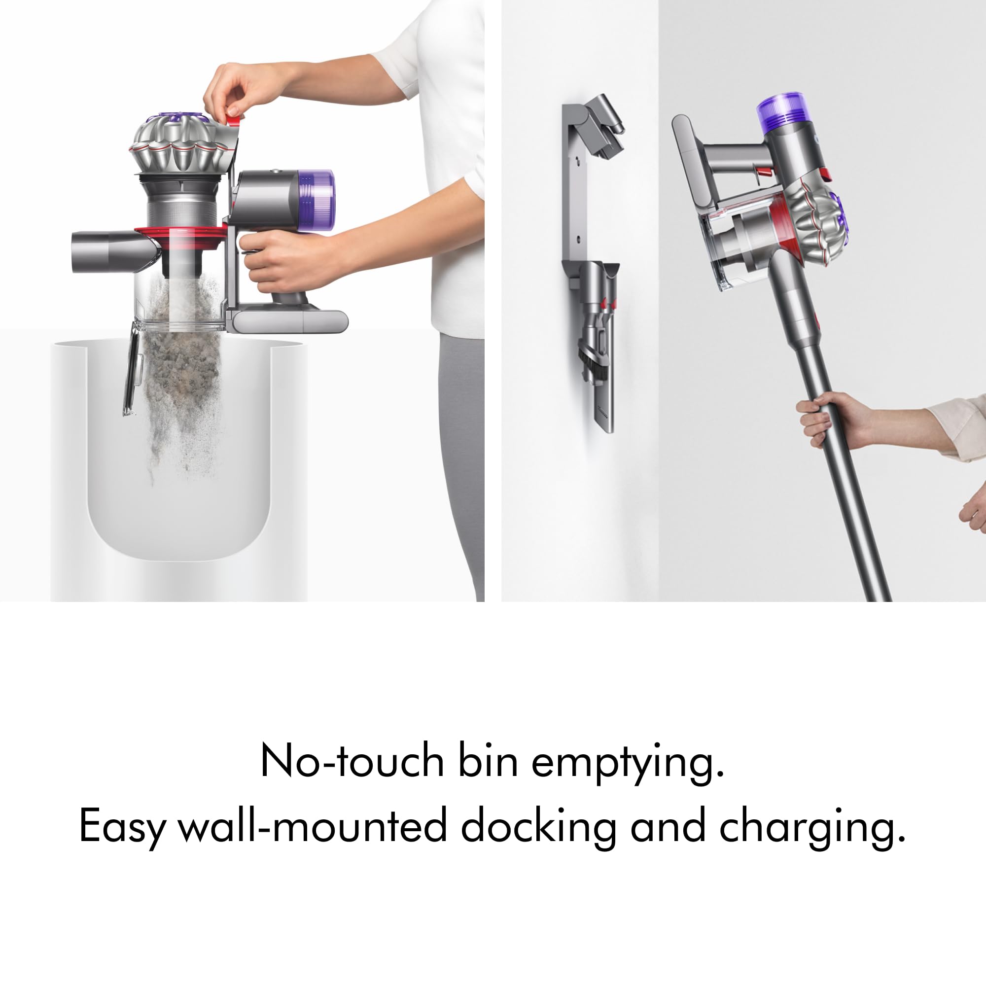Dyson V8 next to sofa showing scale and lightweight design for easy maneuvering