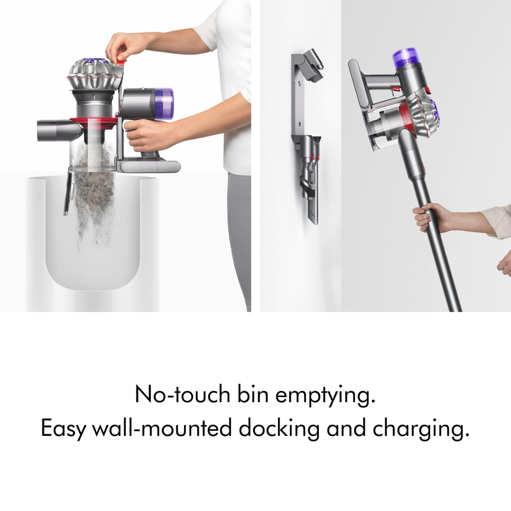 Dyson V8 next to sofa showing scale and lightweight design for easy maneuvering