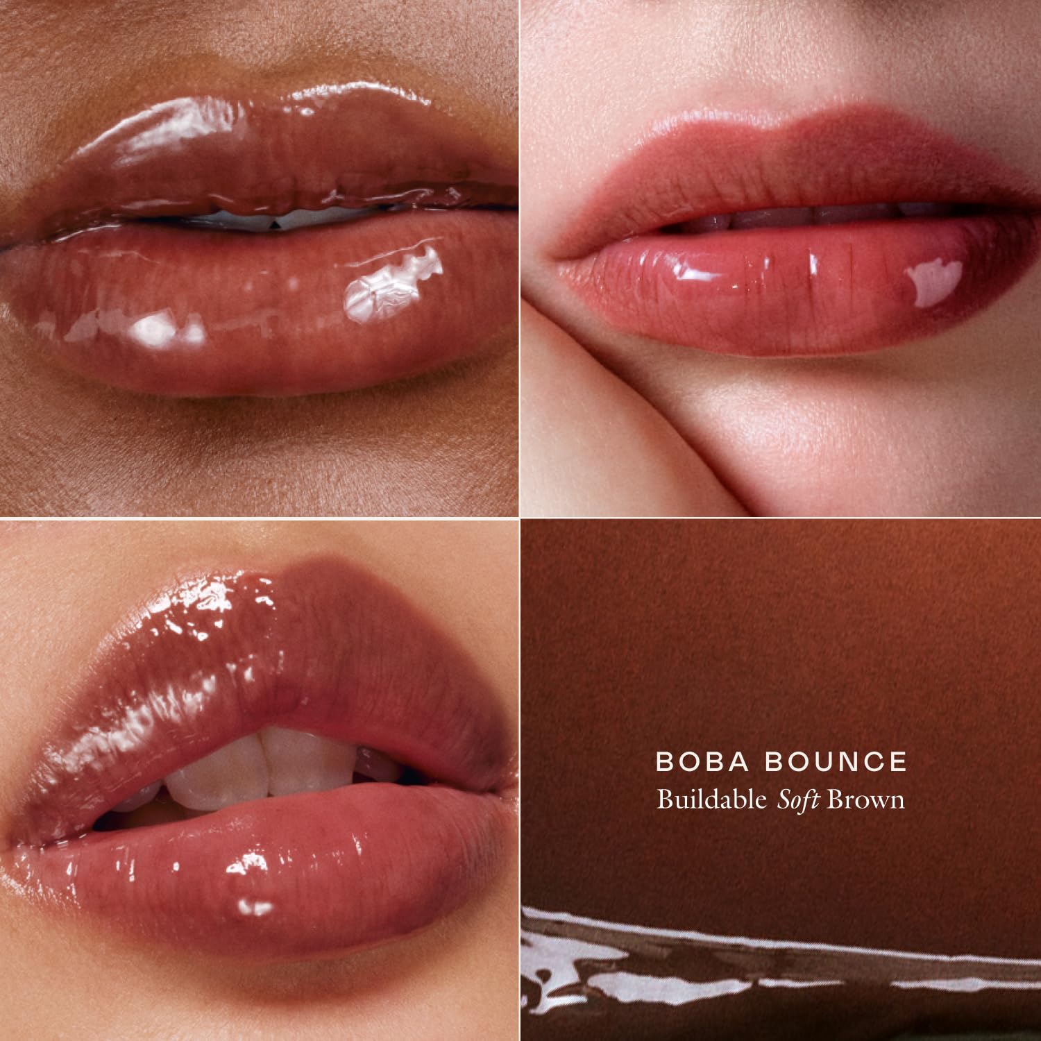 EADEM acabado brillante sobre labios resaltando tono Boba Bounce elegante