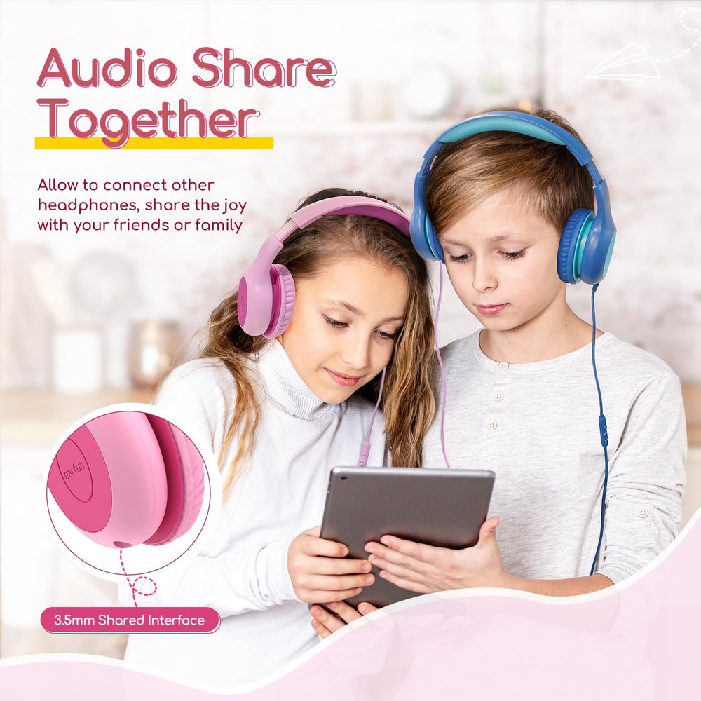 EarFun K1 dos niños compartiendo audio con puerto 3,5 mm
