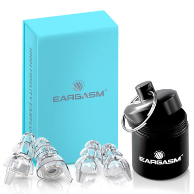 Eargasm aluminum keychain case storing earplugs for easy carry