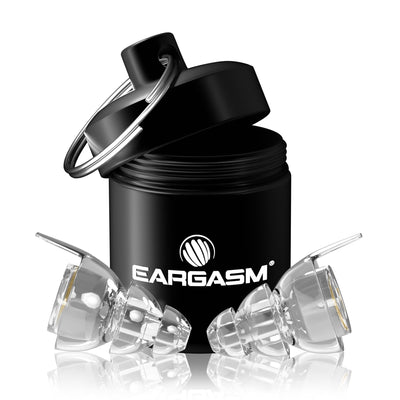 Eargasm front packaging showing clear earplugs and benefits