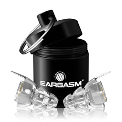 Eargasm front packaging showing clear earplugs and benefits