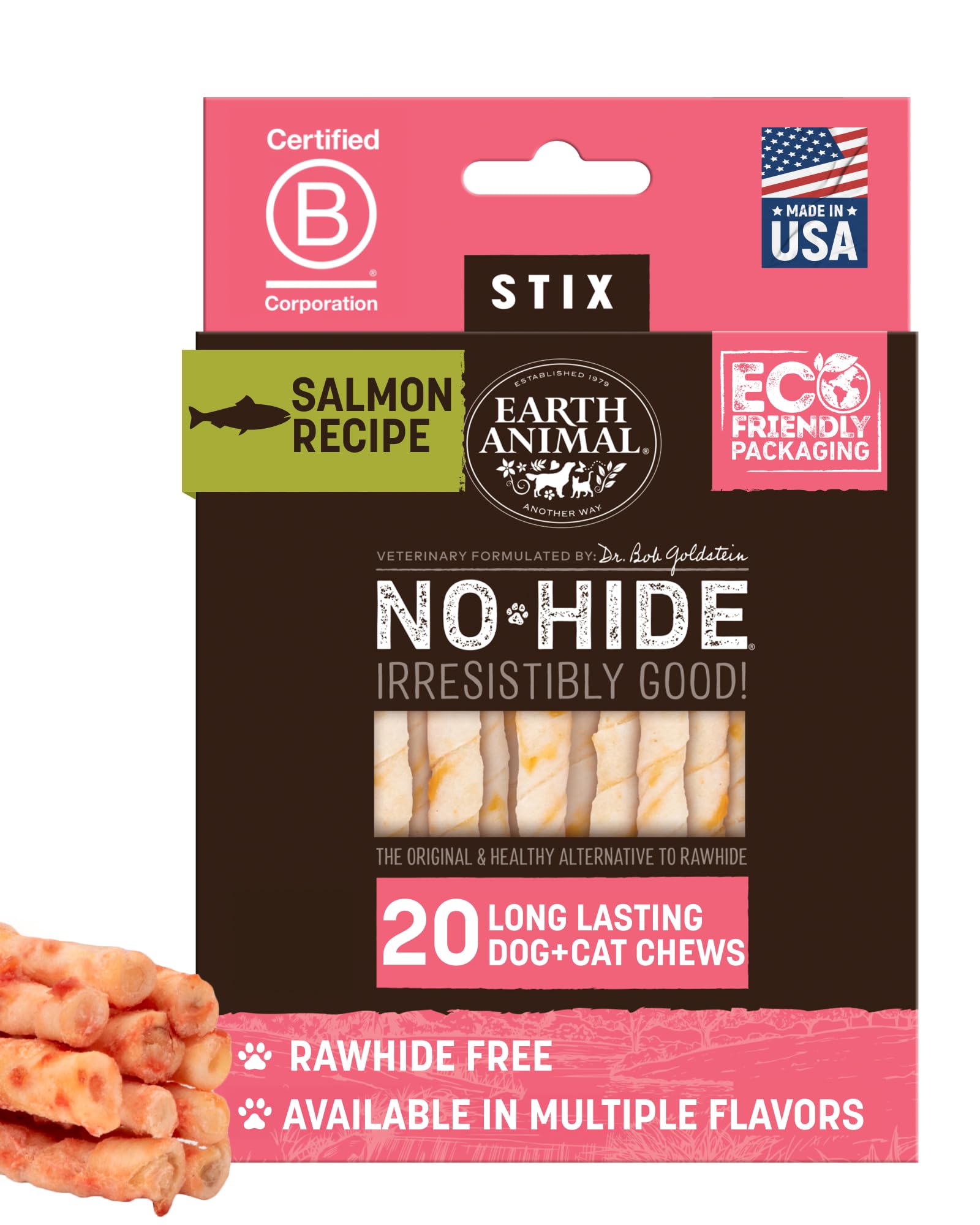Earth Animal empaque frontal de No-Hide Stix con salmón, atractivo y claro