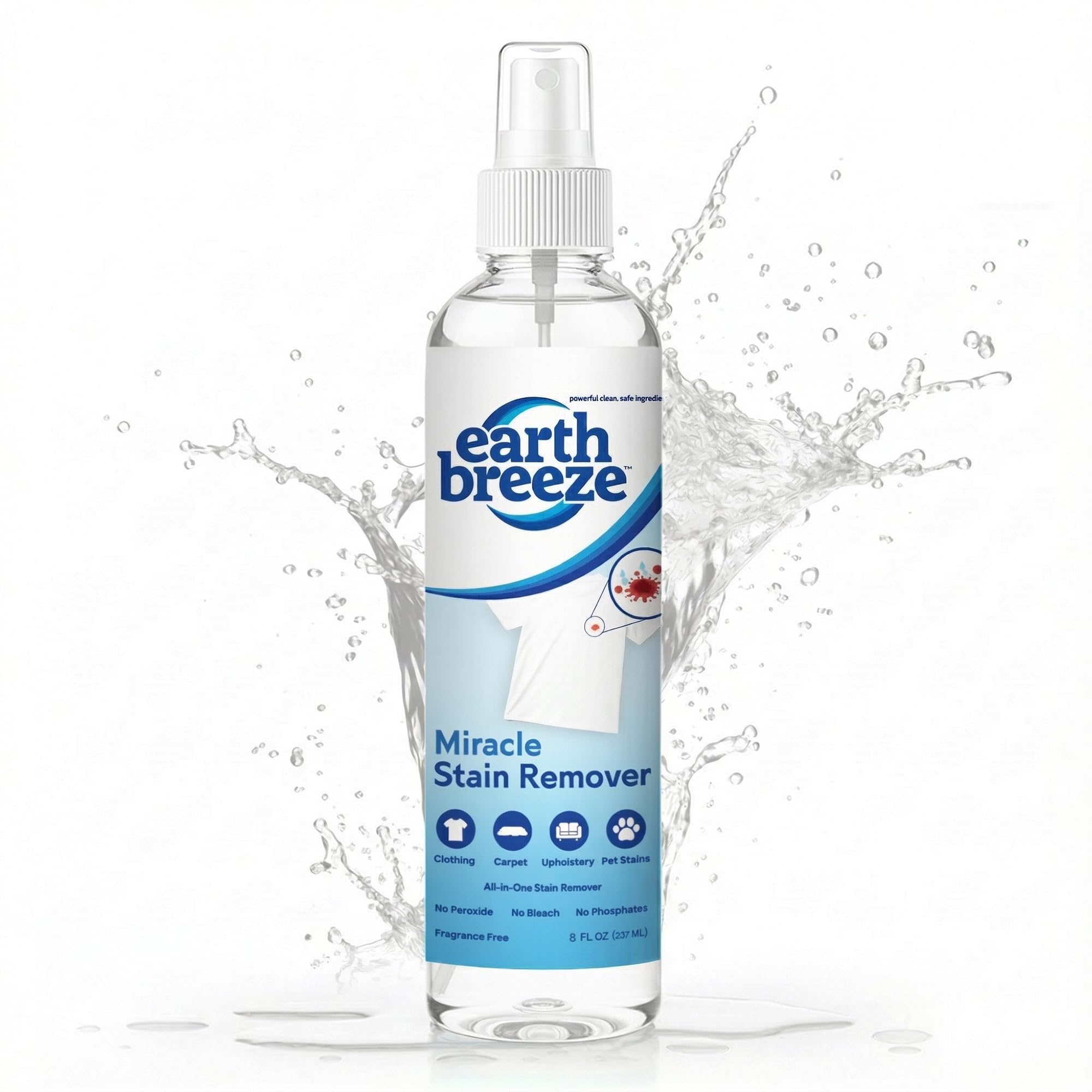 Earth Breeze frente del producto mostrando botella y marca para limpieza efectiva