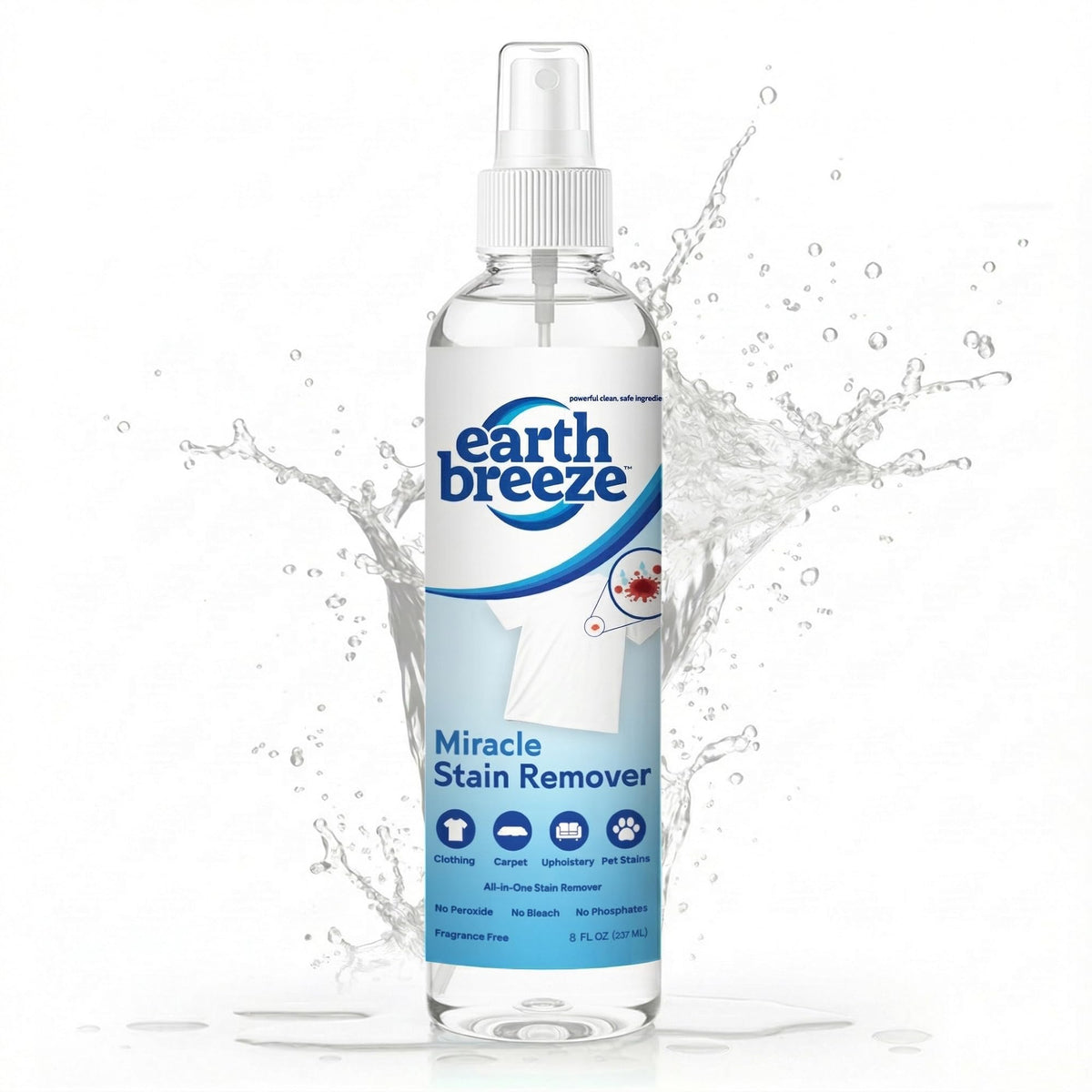 Earth Breeze frente del producto mostrando botella y marca para limpieza efectiva