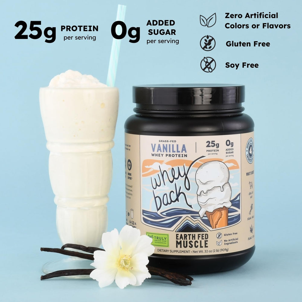 Earth Fed Muscle scoop of powder highlighting easy serving and 25g protein