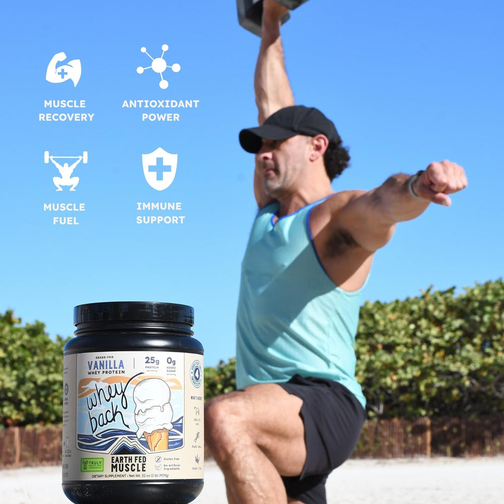 Earth Fed Muscle beside kitchen scale showing 29 servings per tub