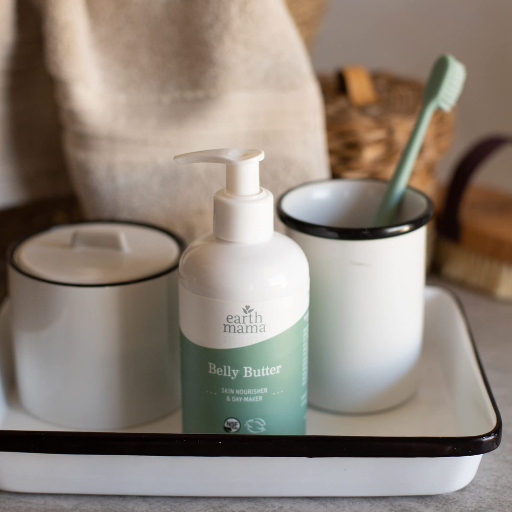 Earth Mama paired with belly oil showing layered moisturizing benefit