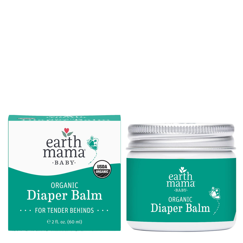 Earth Mama tubo Diaper Balm abierto ilustrando uso y protección
