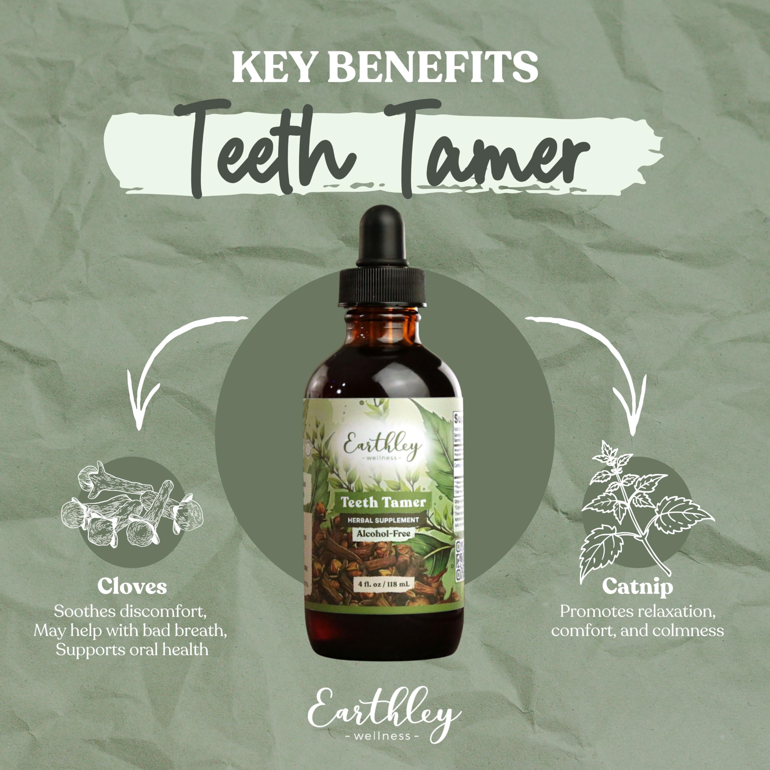 Detalle del frasco de vidrio Teeth Tamer de Earthley Wellness que destaca calidad y seguridad