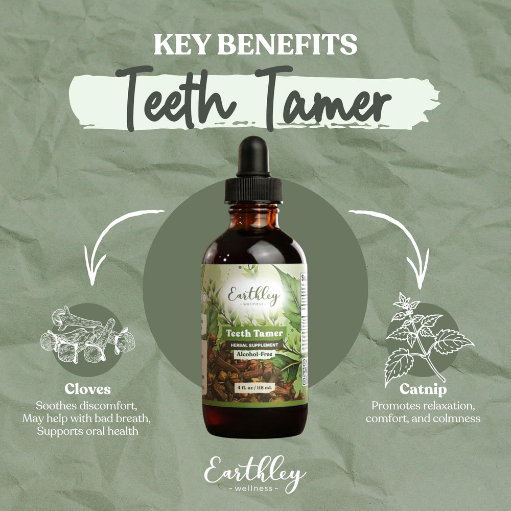 Detalle del frasco de vidrio Teeth Tamer de Earthley Wellness que destaca calidad y seguridad