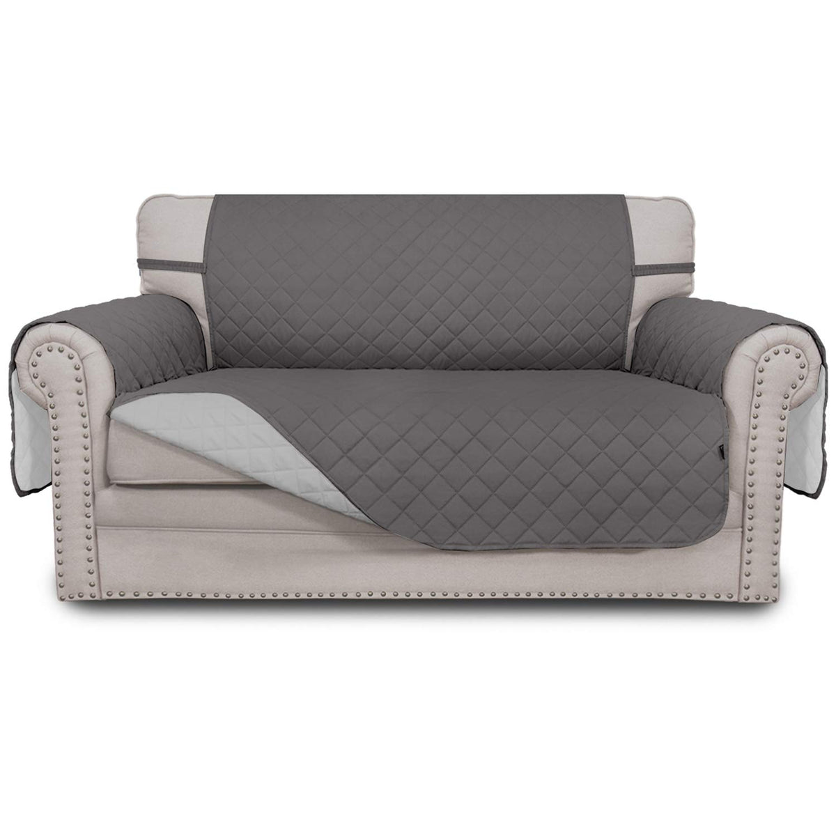Easy-Going front view of gray couch cover fitted neatly, protecting sofa from stains