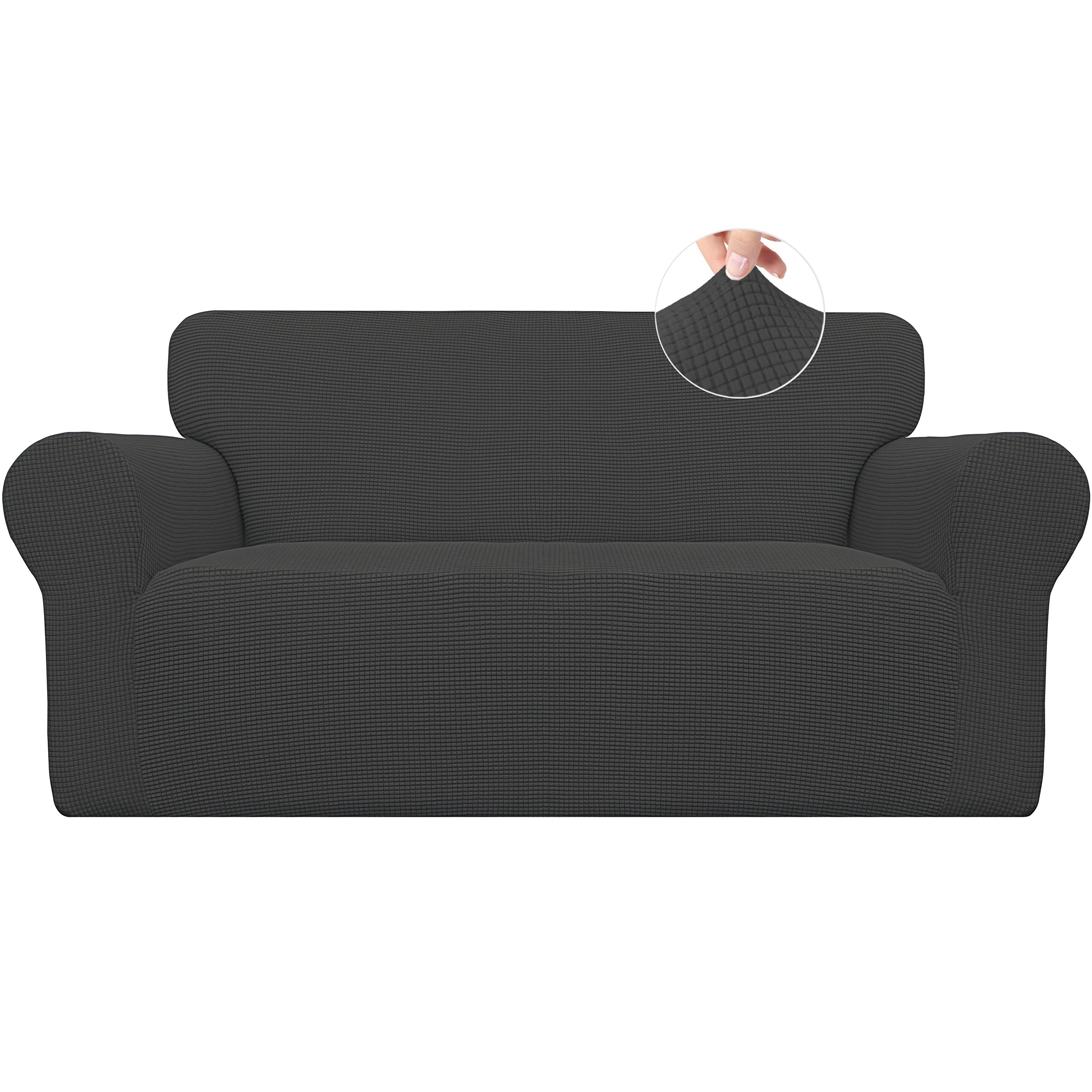 Easy-Going front view of dark gray loveseat cover showing neat fit