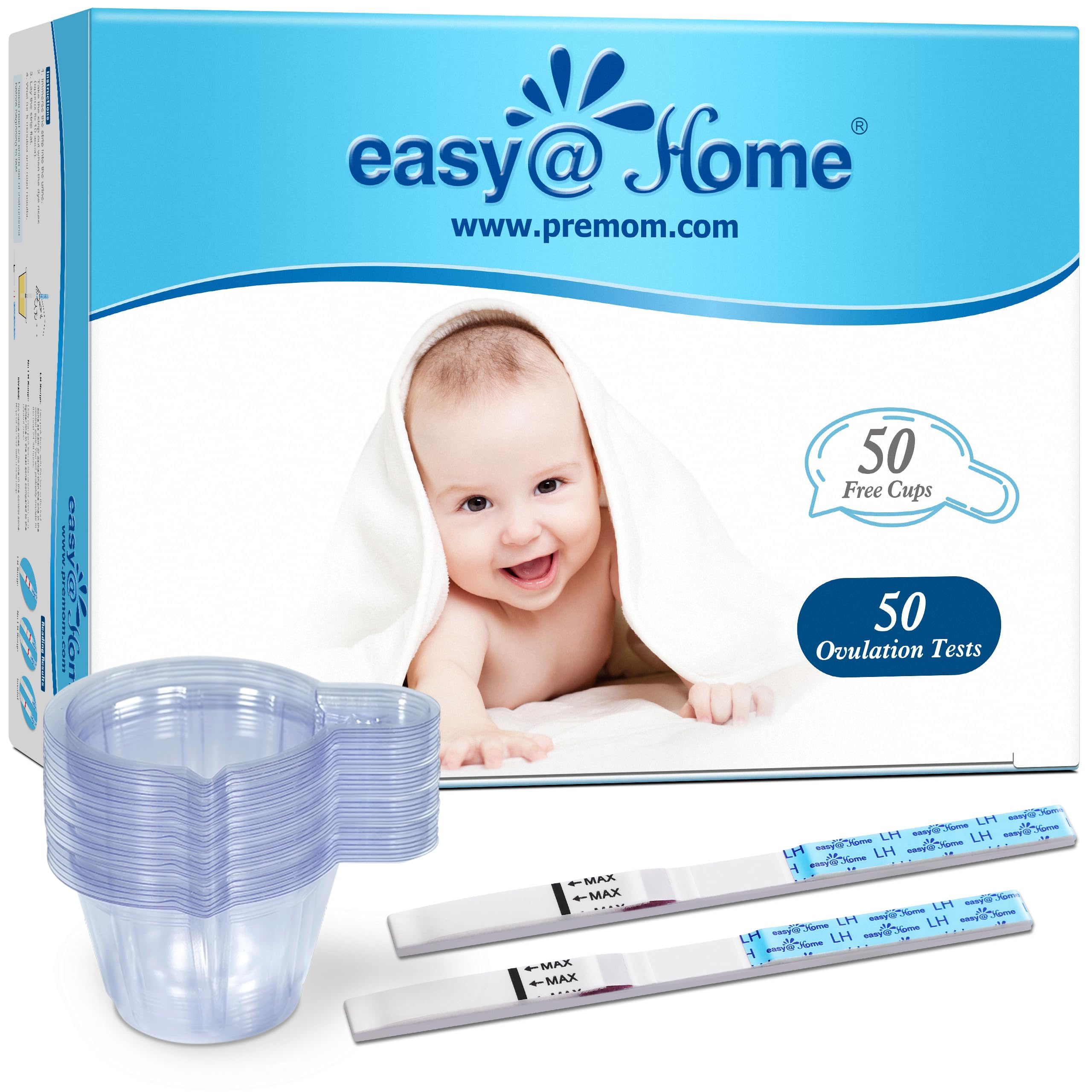 Easy@Home empaque frontal mostrando 50 tiras y 50 vasos, claro y compacto