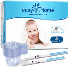 Easy@Home empaque frontal mostrando 50 tiras y 50 vasos, claro y compacto
