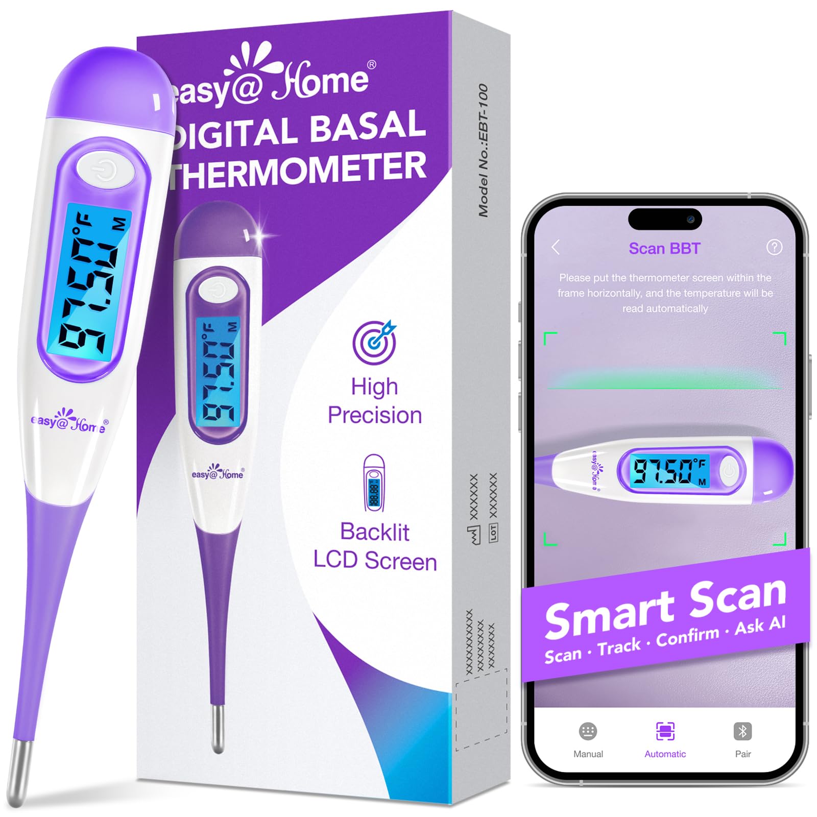 easy@Home termómetro basal frontal mostrando pantalla clara y beneficio de lectura rápida