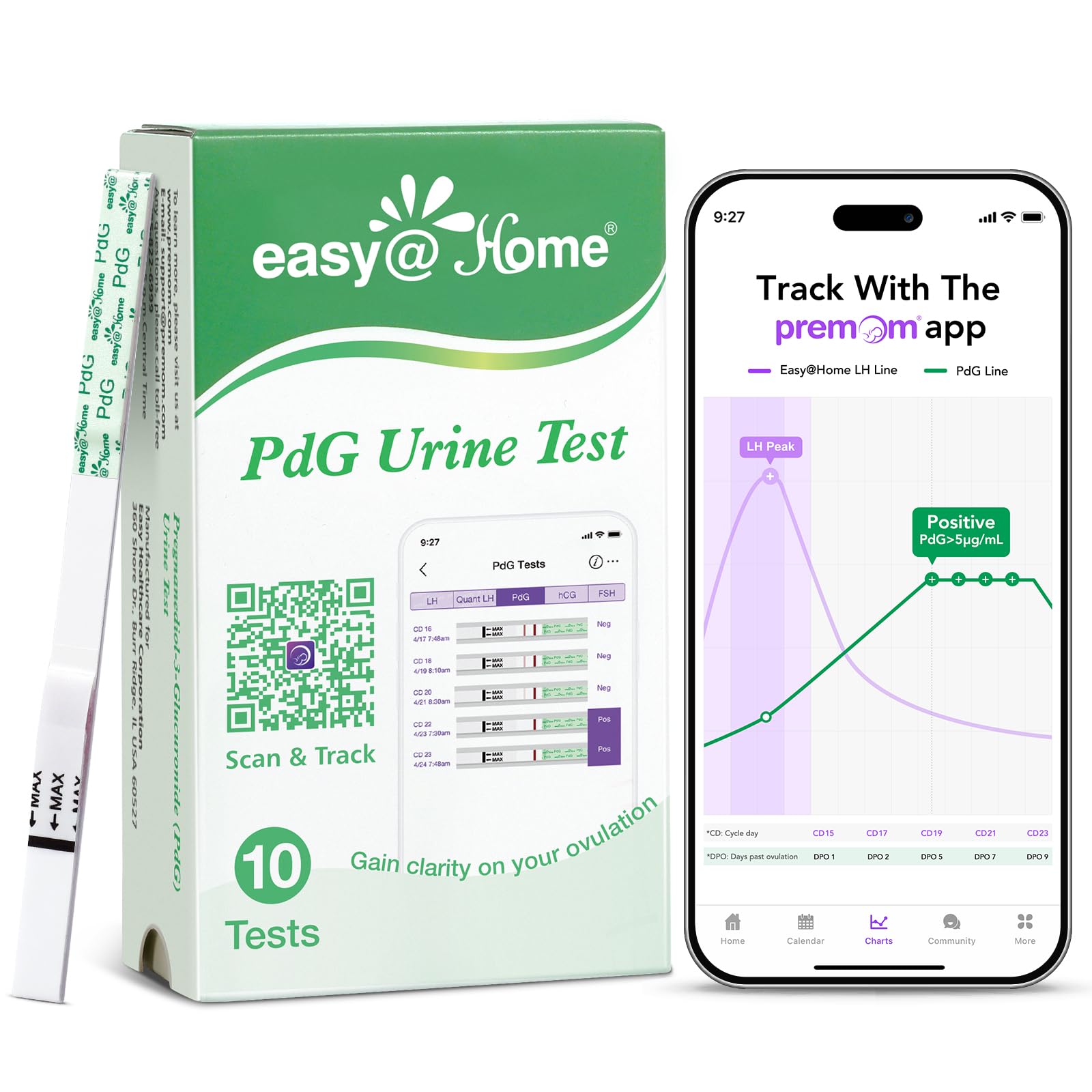 Easy@Home embalaje frontal mostrando 10 tiras y ventaja de uso en casa