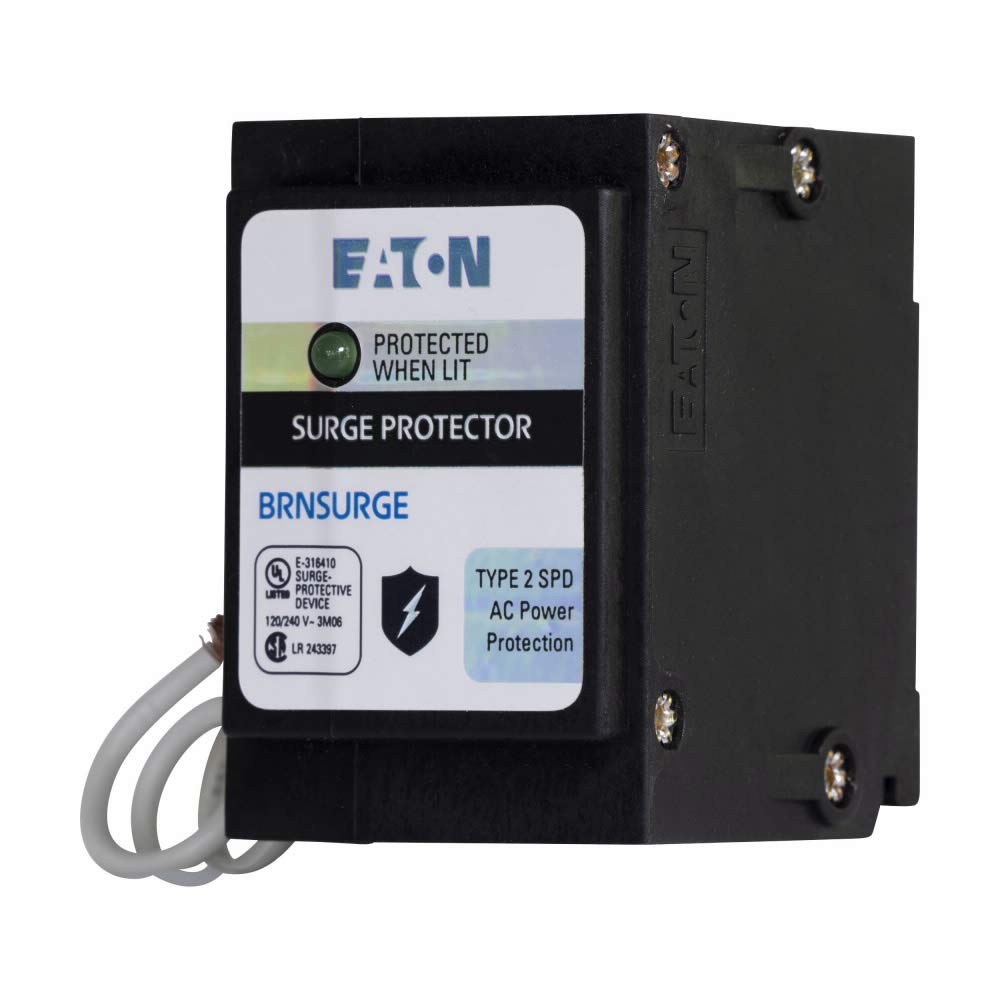 Eaton BRNSURGE next to standard breaker for scale showing space savings and compatibility
