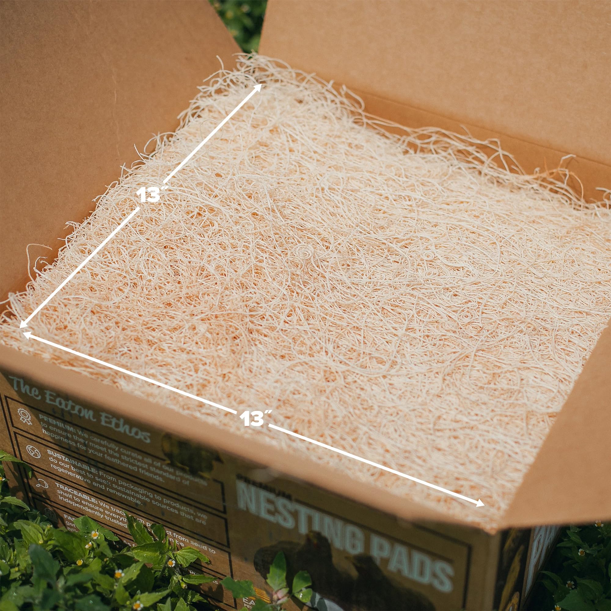 Eaton Pet and Pasture stacked pads with ruler showing 13x13 size and storage convenience benefit