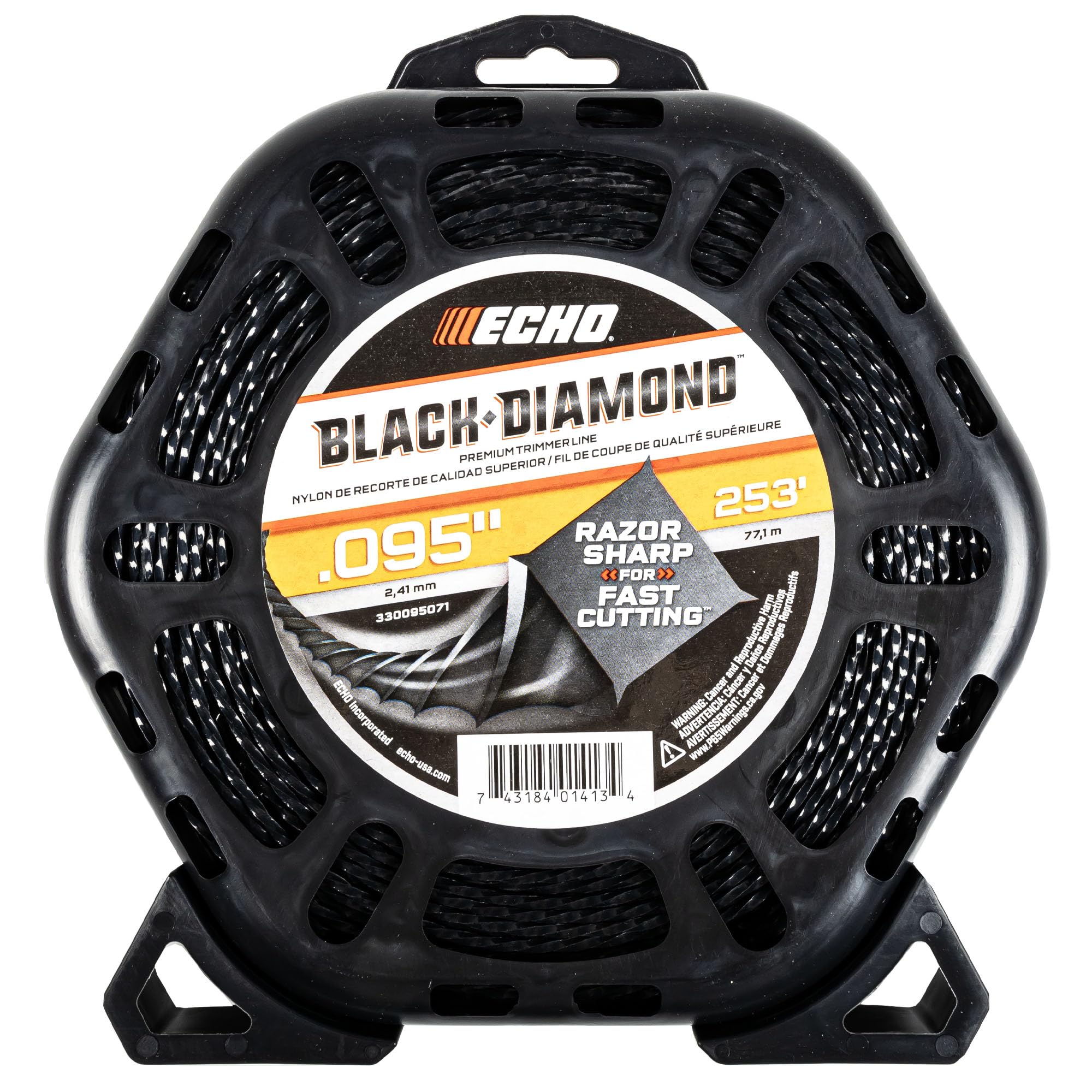 ECHO front spool showing 253 ft line and clear labeling for quick identification and stocking
