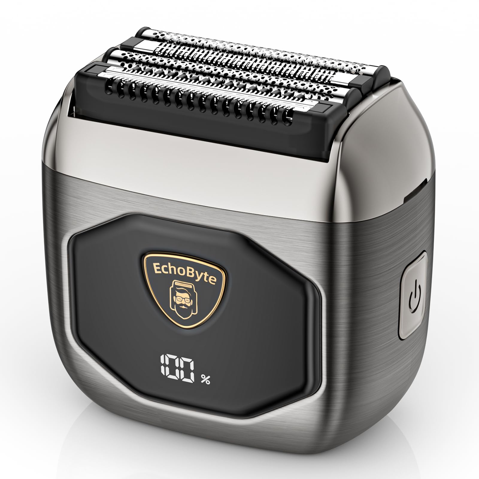 EchoByte shaver front view showing controls and sleek metal benefit: premium handling