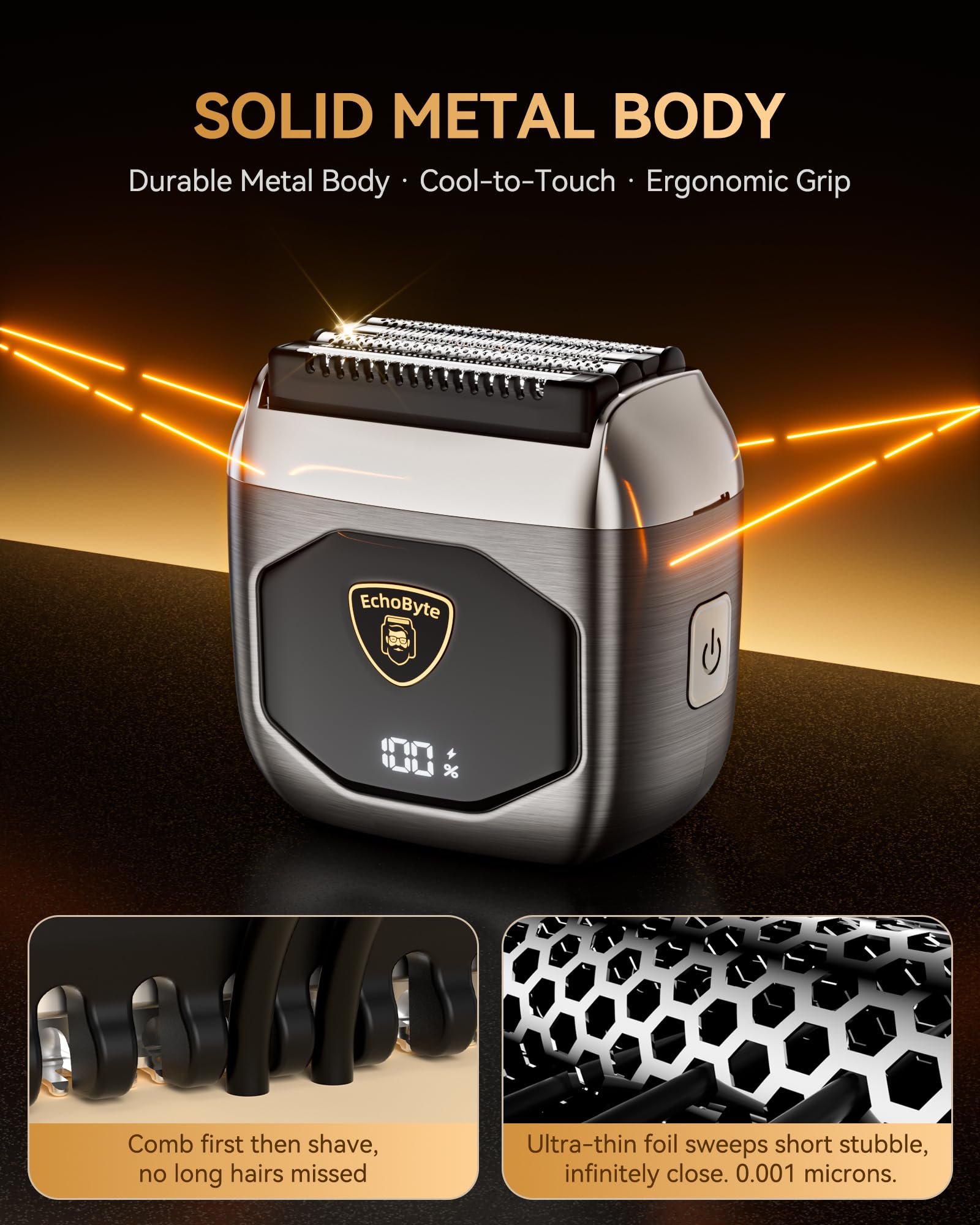 EchoByte close-up of 4-blade hybrid head benefit: captures varied hair lengths