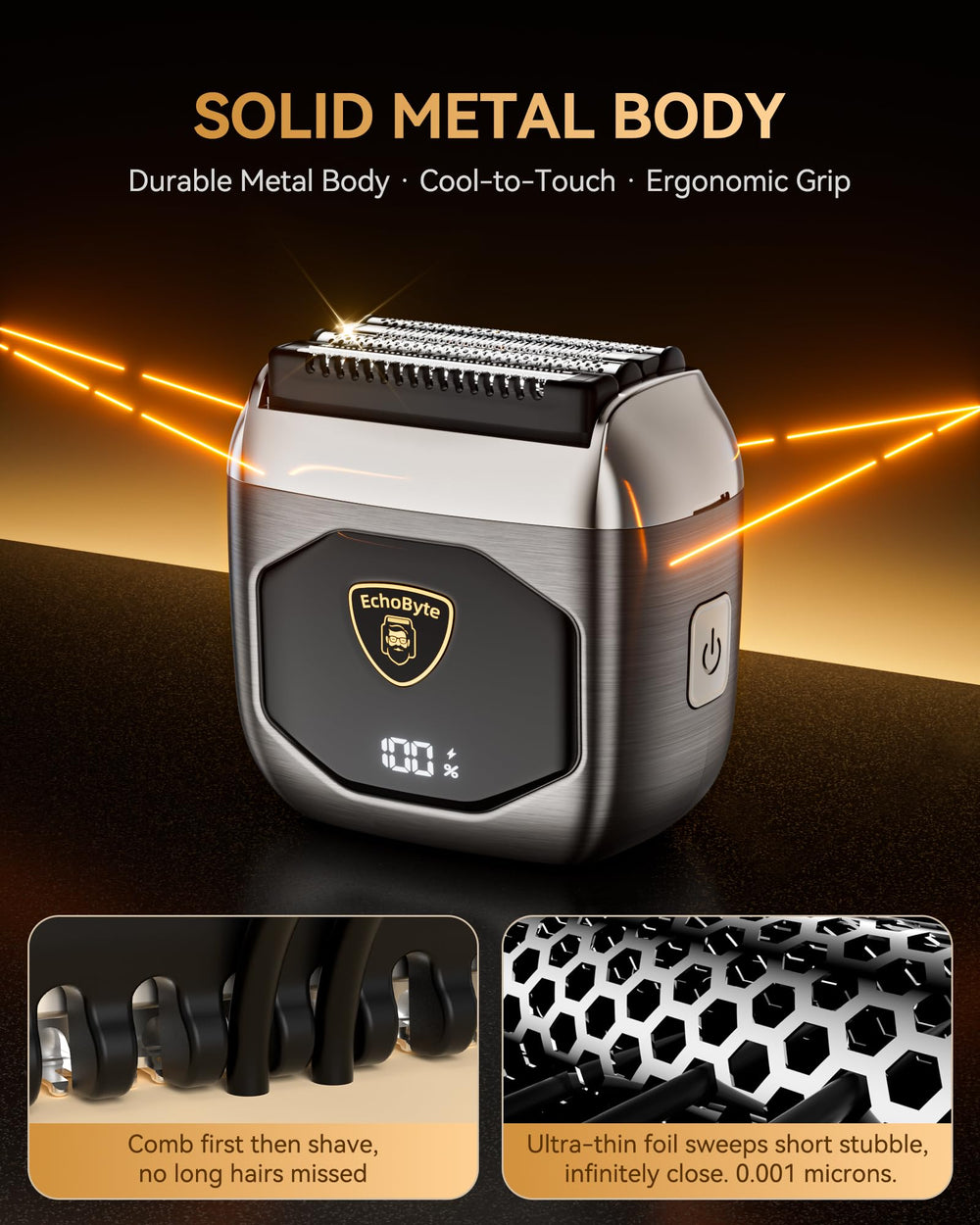 EchoByte close-up of 4-blade hybrid head benefit: captures varied hair lengths