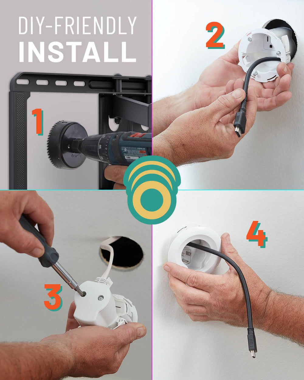 ECHOGEAR lifestyle image of wall-mounted TV with concealed wiring for clean look