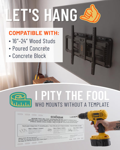 ECHOGEAR low-profile mount pushed to wall showing slim 2.4-inch clearance benefit