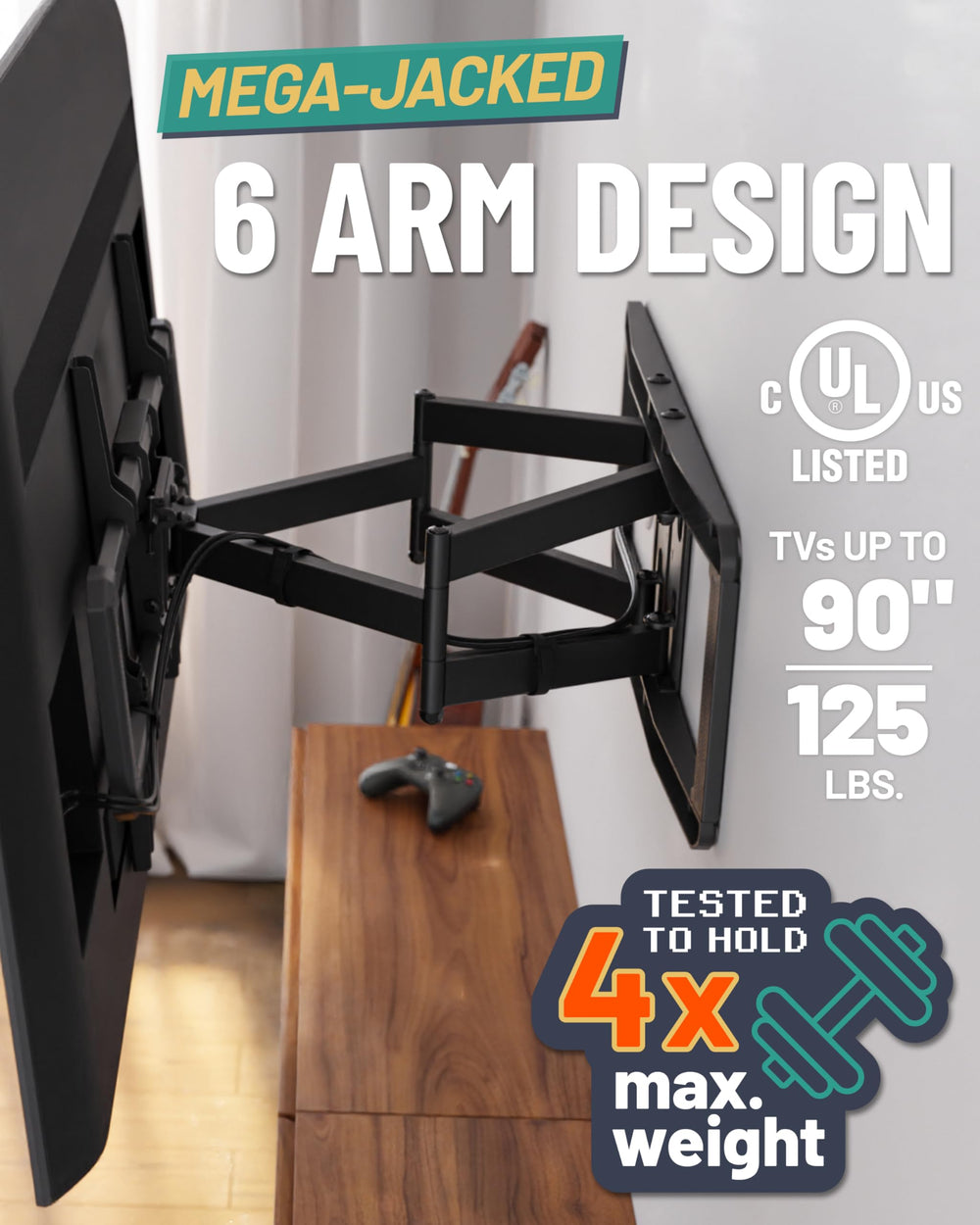 ECHOGEAR mount with person for scale showing size support up to 125 lb benefit
