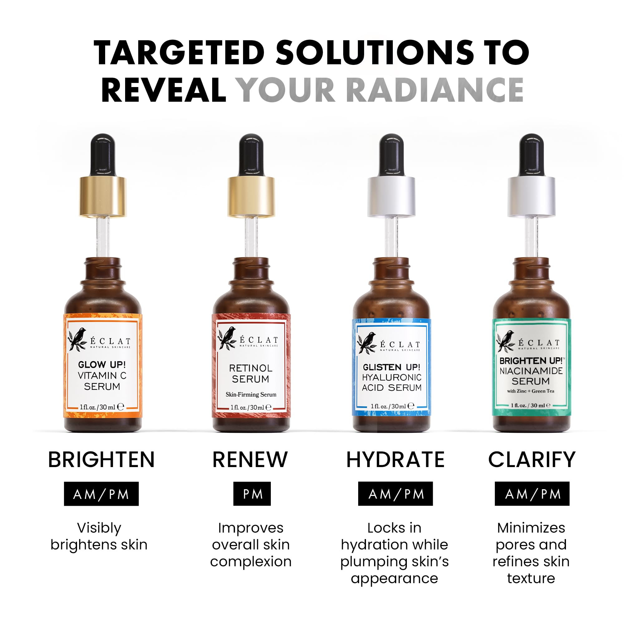 Eclat Skincare ingredientes naturales como té verde y jojoba en detalle