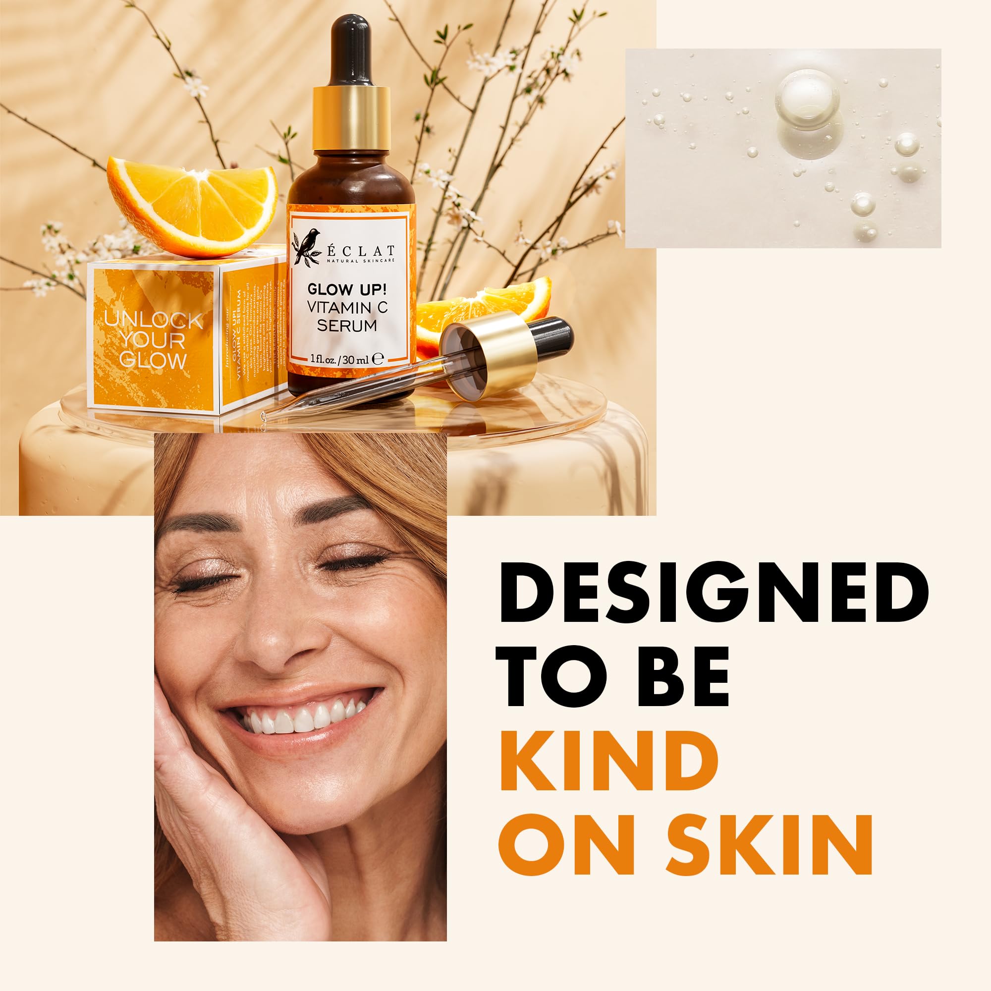 Eclat Skincare ingredientes como ácido hialurónico y ácido ferúlico en primer plano