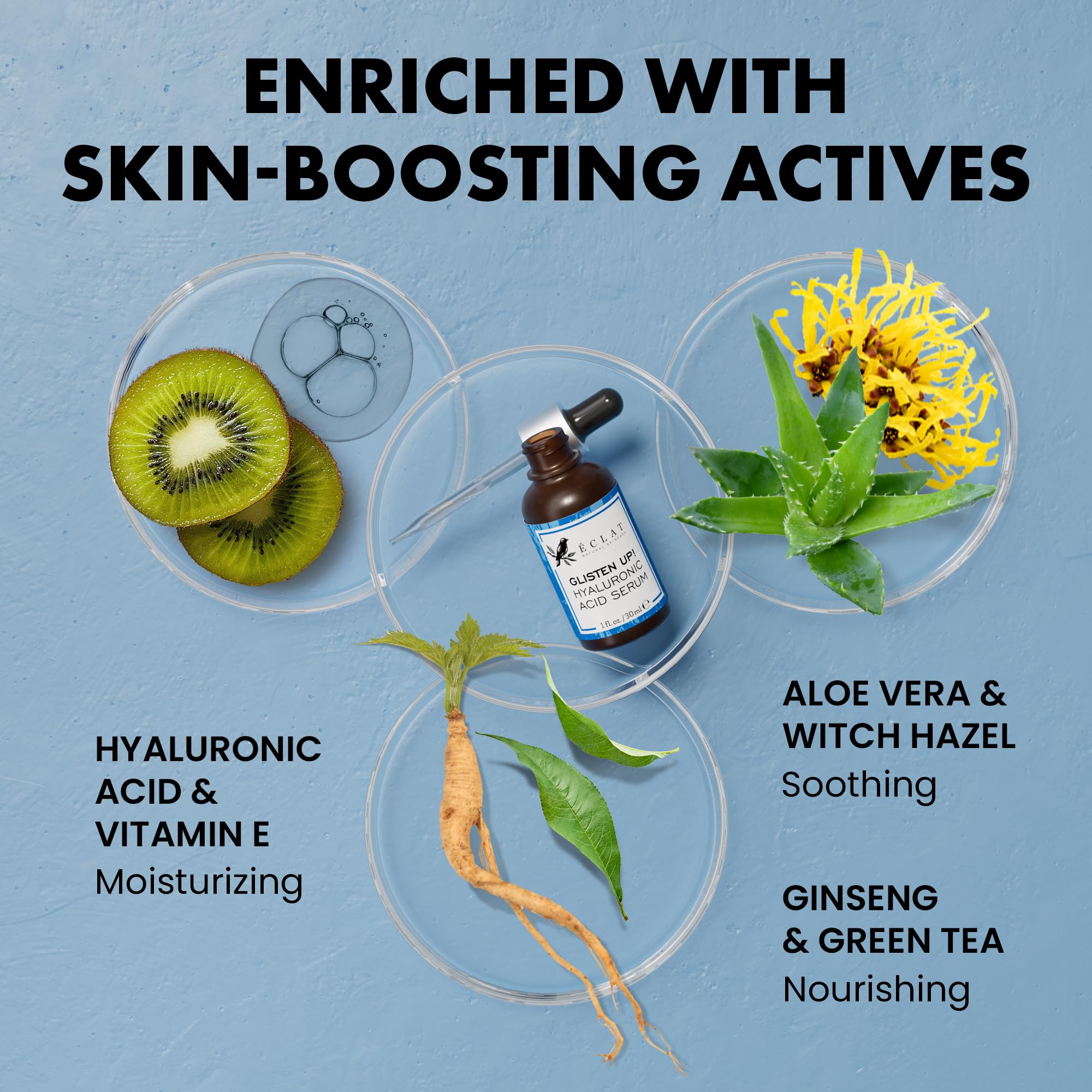 Eclat Skincare textura del sérum en gota destacando absorción rápida