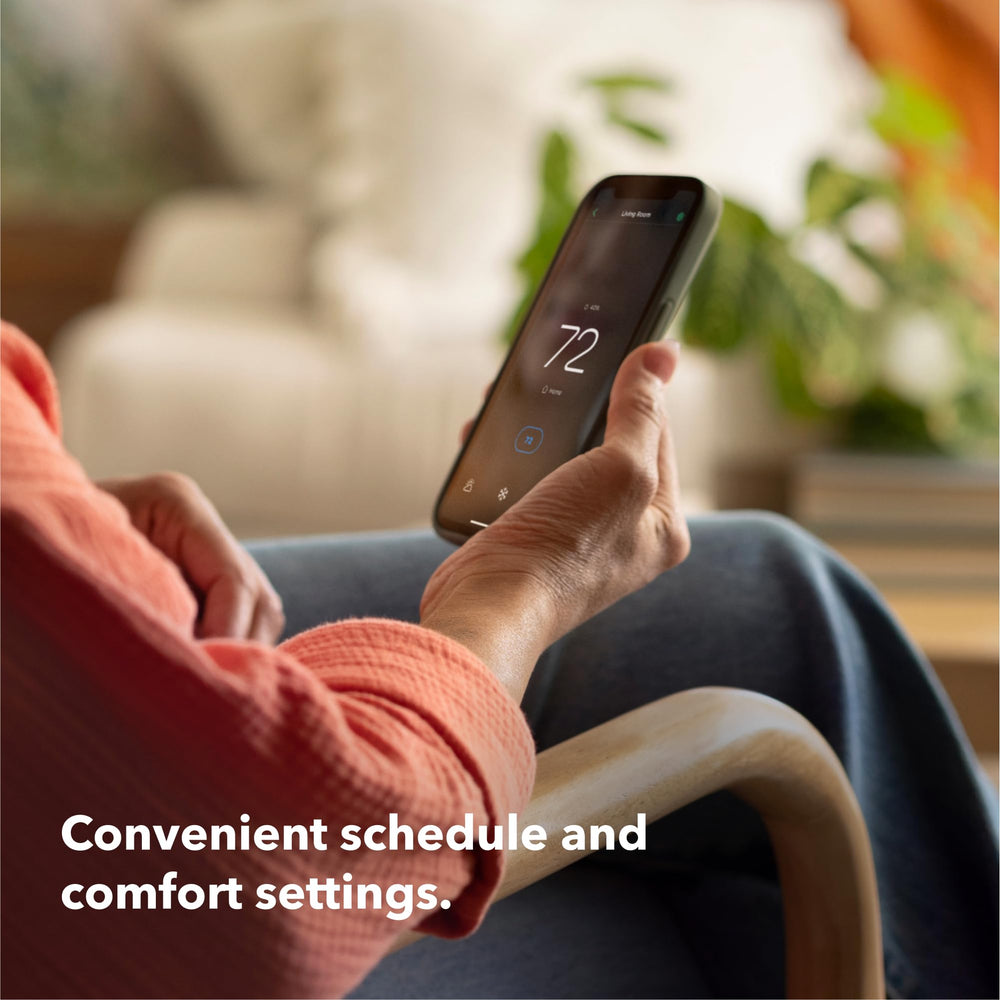 ecobee app screen on smartphone showing remote control and energy reporting benefit: manage anywhere