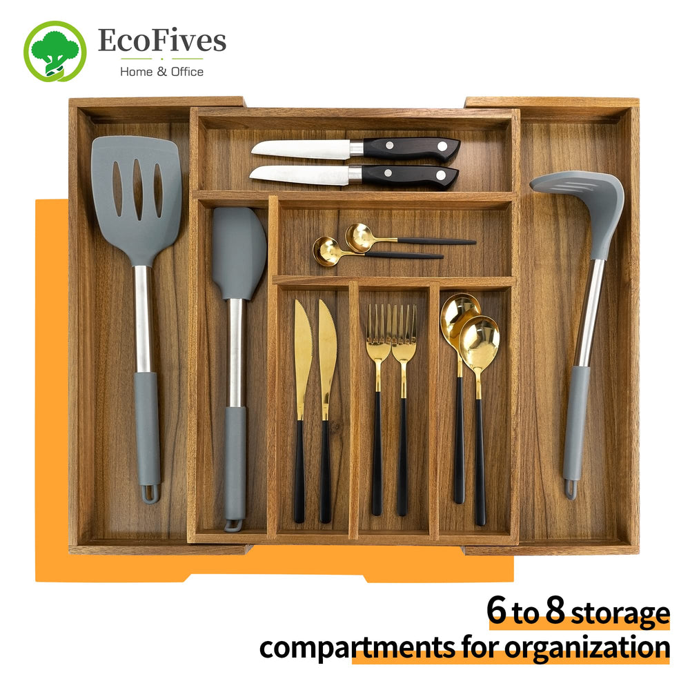 EcoFives acacia organizer expanded width demonstrating adjustable fit for drawers