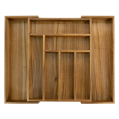 EcoFives acacia organizer front view showing neat cutlery storage and tidy drawers
