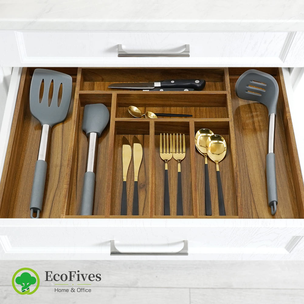 EcoFives acacia organizer placed inside kitchen drawer for quick access and order