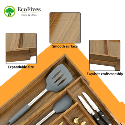 EcoFives acacia organizer with utensils for scale showing capacity and organization