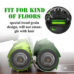 ECOMAID rodillos instalados en Roomba en uso mejorando recogida de pelo y polvo