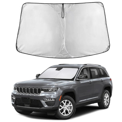 EcoNour front view of sunshade on Jeep Grand Cherokee windshield showing full coverage and protection