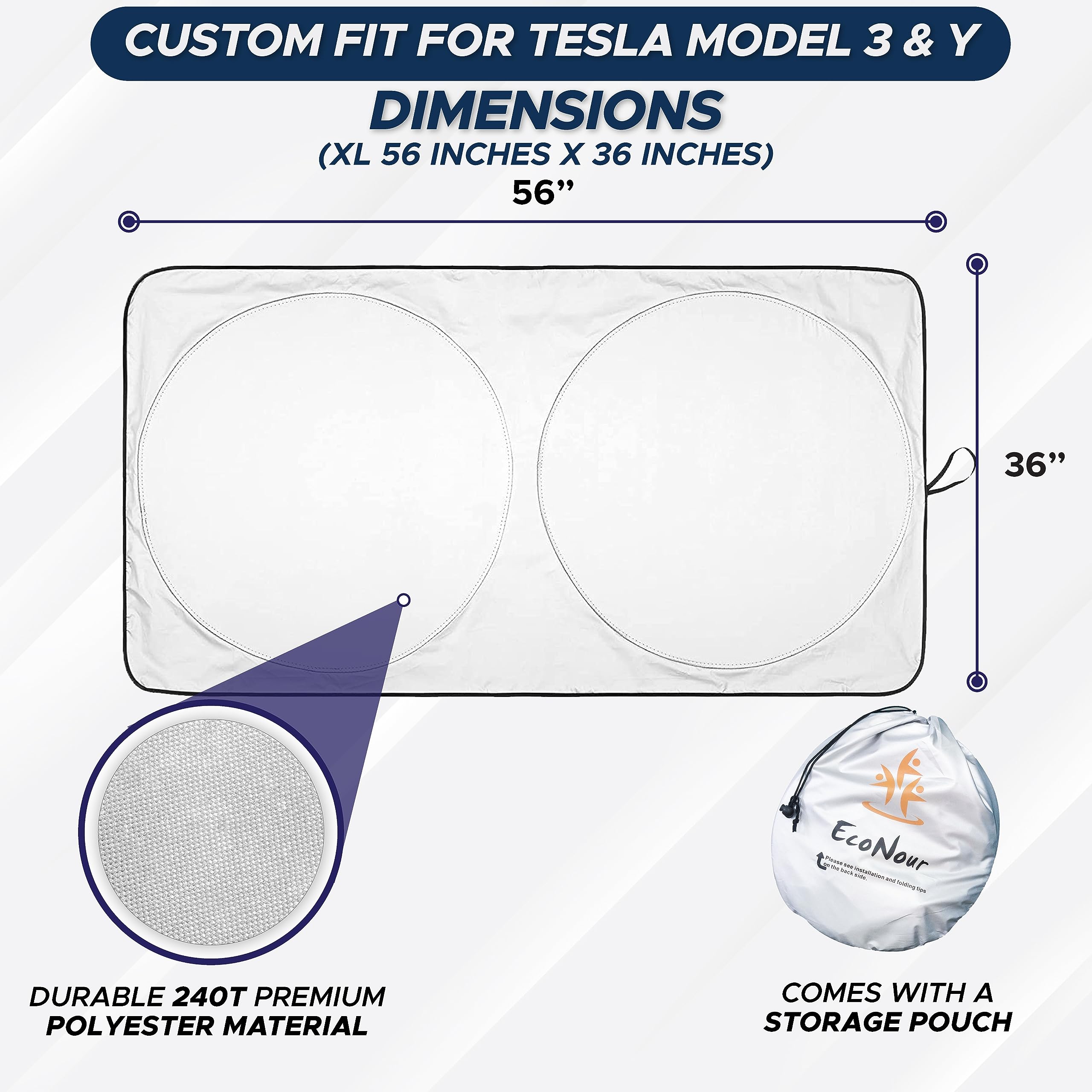 EcoNour parasol colocado cubriendo todo el parabrisas Tesla, mantiene interior fresco