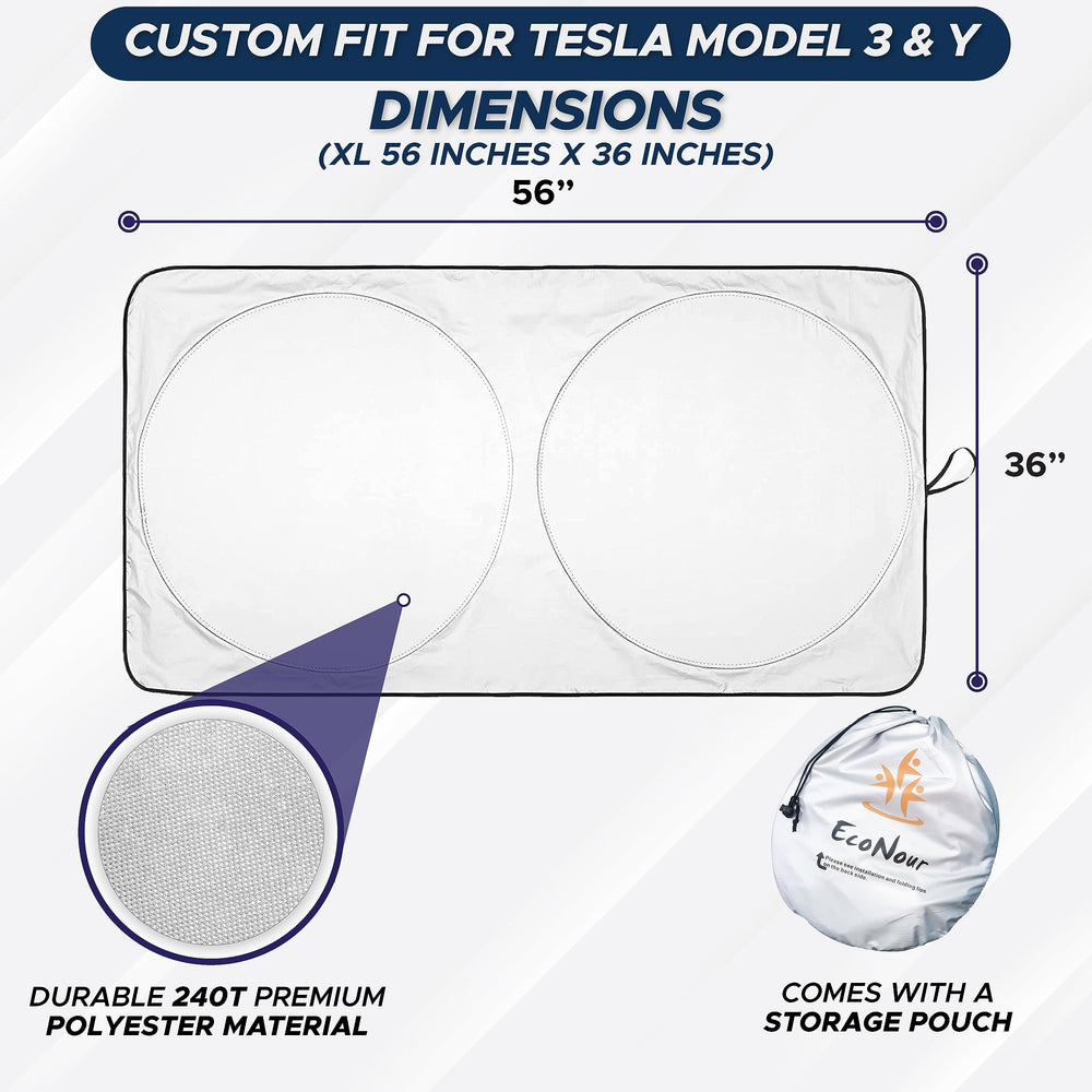 EcoNour parasol colocado cubriendo todo el parabrisas Tesla, mantiene interior fresco