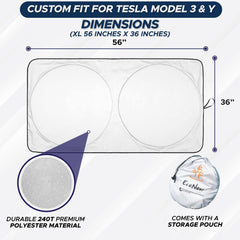 EcoNour parasol colocado cubriendo todo el parabrisas Tesla, mantiene interior fresco