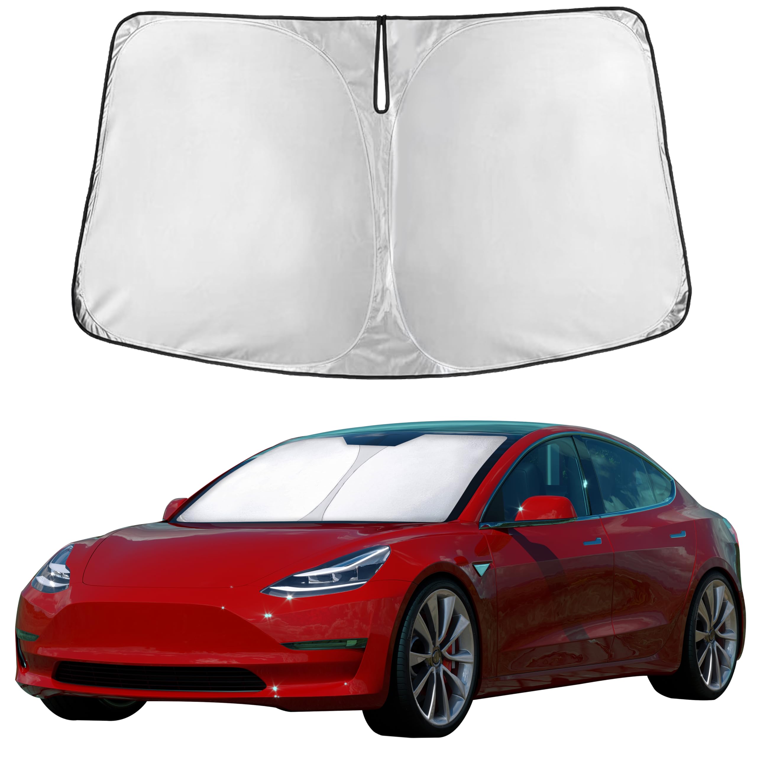 EcoNour parasol frontal empaquetado mostrando ajuste Tesla y facilidad de transporte