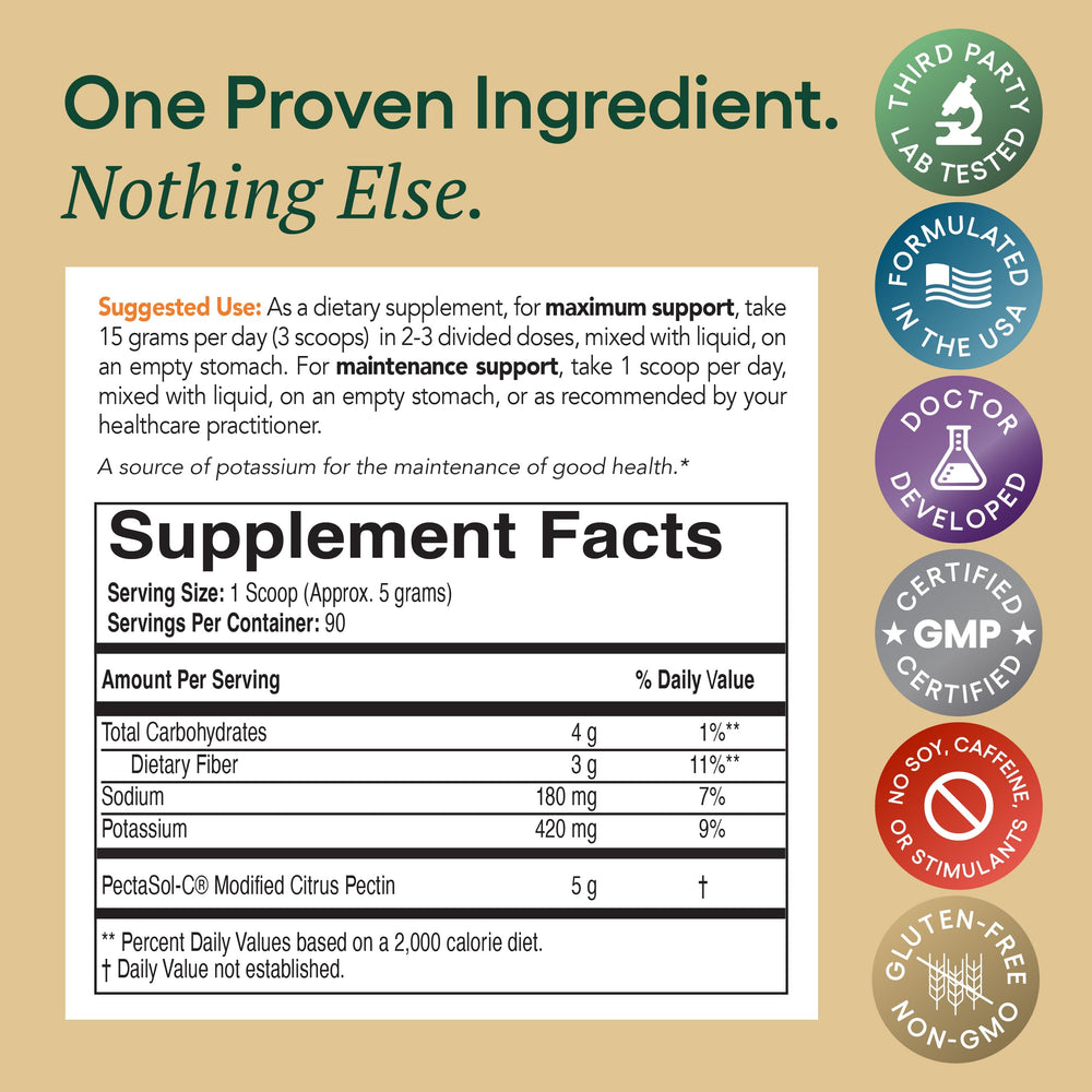EcoNugenics PectaSol label close-up showing ingredients and GMP production for quality assurance