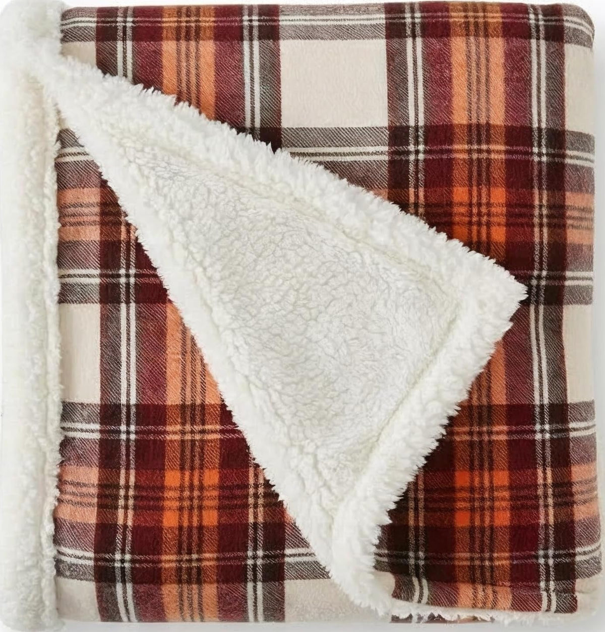 Eddie Bauer vista frontal de la manta sherpa con diseño a cuadros, aporta calidez decorativa
